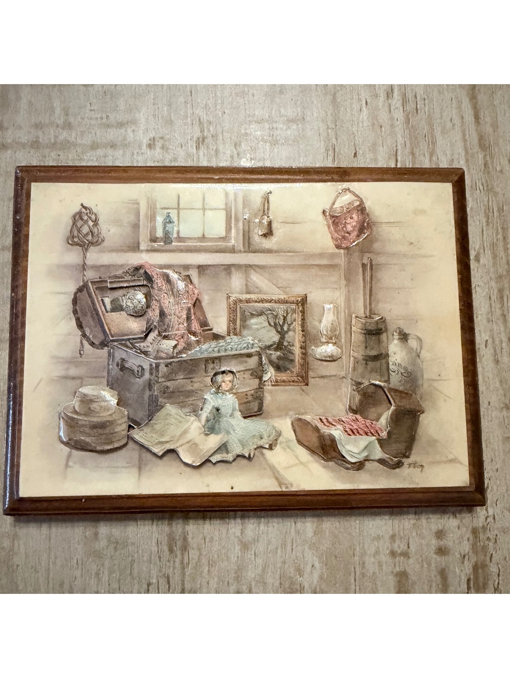 Vintage 3D Mixed Media Wall Art Attic Trunk Doll Miniature Raised Collage 7”